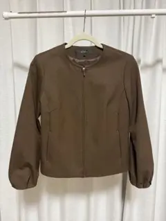 ブラウン ノーカラージャケット バルーンスリーブ　リフレクト