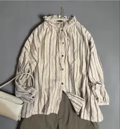 ichi イチ　❤️ リネン　コットン 襟フリル ストライプブラウス　オフホワイト