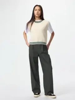 新品同様 25年度モデル ユニクロ タックワイドパンツ 丈長め ダークグリーンL