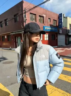 新品XS ノースフェイス ヌプシ 配色ライトブルー ダウンジャケット