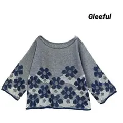未使用/Gleeful/五分袖ニット/透かし編みセーター/光沢感/花柄/グレー