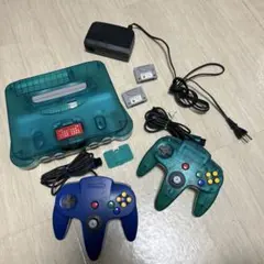 現状品！NINTENDO64 本体 クリアブルー コントローラー2個