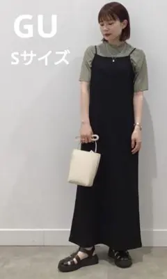 ​【GU】リブキャミソールワンピース ブラック 黒 キャミワンピ スリット入 S