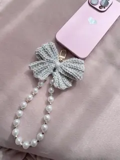 ハンドメイド リボン型パールビーズ スマホストラップ