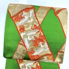 袋帯　唐織　鳳凰　竹　桐の花　楓　亀甲　グリーン　金糸　銀糸　着物　092ty