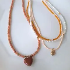 No.65ビーズネックレス　ハンドメイド　重ね付け　3点セット　ハート　パール風