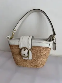 COACH かごバッグ ハンドバッグ ストロー ホワイト レザー ゴールド金具