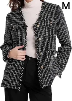 ツイードジャケット レディース 黒 アウター 羽織 カジュアルスーツ Mサイズ