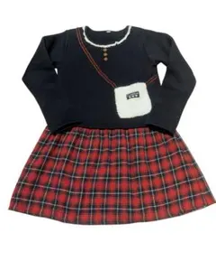 ネイビー スカートチェック柄 長袖 ワンピース サイズ140