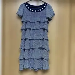 ストライプフリル半袖ミニワンピース・チュニック透け感有り裏地有り