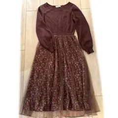 Andemiu フラワープリント 長袖ニット ドッキングワンピース