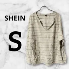 SHEIN ベージュ ストライプ Vネック 長袖 Tシャツ 【S】