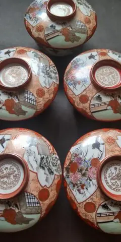 明治期 九谷焼 土井製 赤絵 蓋茶碗5個 骨董 アンティーク 古伊万里