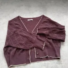 ワイン色 レース編み カーディガン