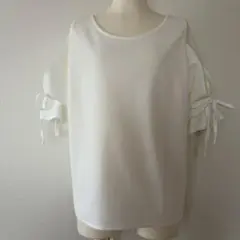 レディース 白 半袖ブラウス リボン袖 オフィスカジュアル きれいめ レース M