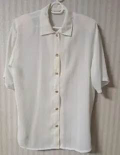 シフォン 半袖ブラウス 白 サイドスリット入り シアーシャツ M〜L相当