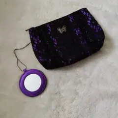 ANNA SUI ポーチ パープル×ブラック レース ミラー付きのサムネイル