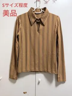 ベージュ ストライプ 長袖ポロシャツ