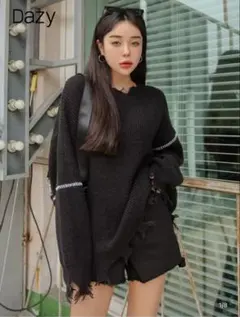 ダメージ加工オーバーサイズニット シンプル 古着 韓国系