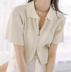 mystic　半袖襟付きダブルジップニット　F　アイボリー