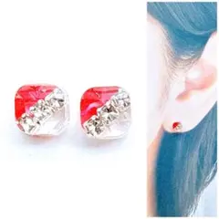レッド×ホワイトバイカラー5mmスクエアピアス/イヤリング