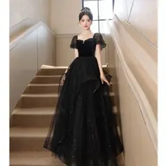 パーティードレス ロング 袖あり ロングドレス 黒 結婚式