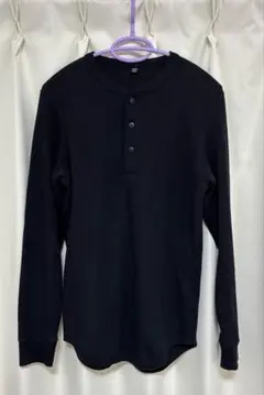 ユニクロ ワッフルヘンリーネックTシャツ/長袖 サーマル ブラック S