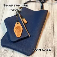 【本革】スマホポーチ コインケース付　カードケース　　サコッシュ　ネイビー