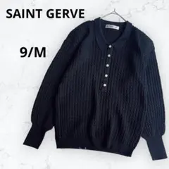 ＊サンジェルベ＊襟付き ケーブルニット ウール100% 黒 9/M ハーフボタン