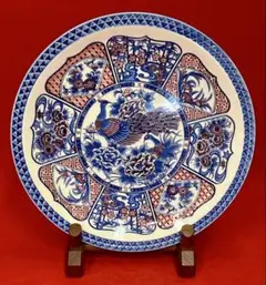 特大40cm 有田焼 古伊万里様式 孔雀牡丹文様 飾り皿 大皿 飾皿