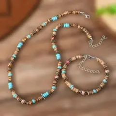 ウッドビーズ ネックレス ブレスレット／ハンドメイド風 ／レディース　残り1個