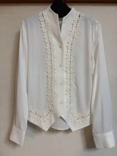 ホワイト レース装飾 長袖シャツ