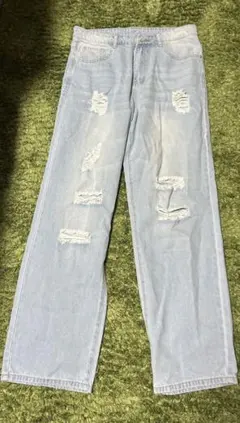 ダメージストレートジーンズ 水色 メンズ