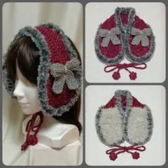 手編み　ヘッドドレス風イヤーマフ　ワインレッド