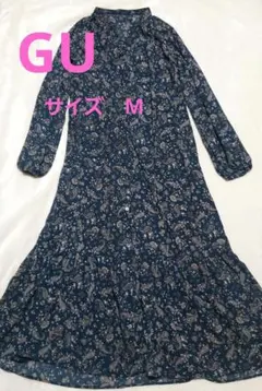 GU　ジーユー　ロングワンピース　ペイズリー　総柄　ネイビー　紺　透け感
