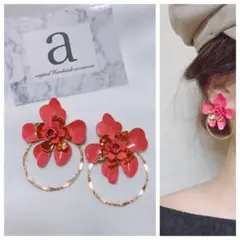 2288-4 2way ゴールド☺︎レッドフラワーのピアス×フープ☺︎