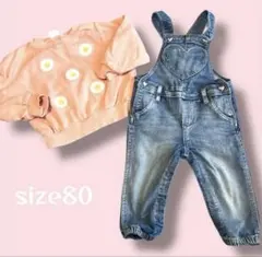 ピンク花セーターとデニムオーバーオールセット size80