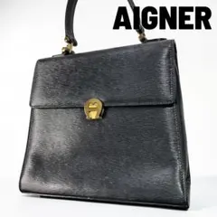 AIGNER レザーハンドバッグ ブラック ゴールド金具 24cm