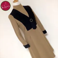レトロ 日本製 ワンピース ウール×レザー ハイネック シンプル 古着 茶 黒