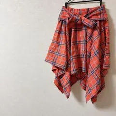 希少✨【S】オレンジ系チェック スカート リボン 青 水色 海外古着 一点物