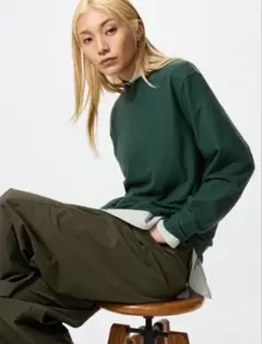 ユニクロ ソフトニットフリースクルーネックT ダークグリーン