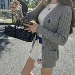 ラルフローレン ケーブルニットカーディガン グレー XS グレー×白ポニー