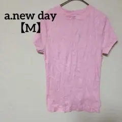 a.new day 【M】ピンク コットン リブTシャツ カットソー