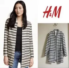 H&M ジャガード ツイードコート　チェスターコート　ノーカラー　白黒　ツィード