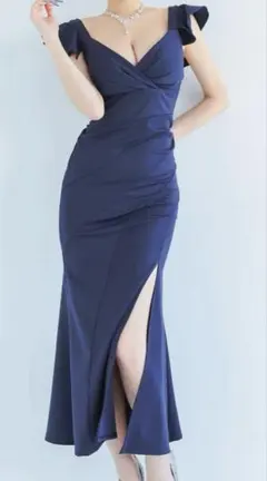 ティカ ネイビーフリル袖　ボディコンドレス　カシュクール　裾スリット　S