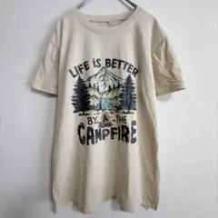 インポート キャンプ柄 Tシャツ クルーネック 半袖 M 生成 綿 アウトドア