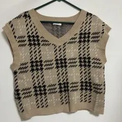 チェック柄ニットベスト M ベージュ
