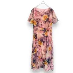 花柄ワンピース S ポリ　派手　個性的　半袖　ロング　洗濯可能　古着　オール