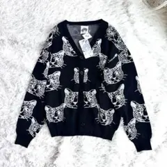 新品未使用タグ付き！スカラー　ネコ総柄 接触冷感ニットカーディガン　ブラック