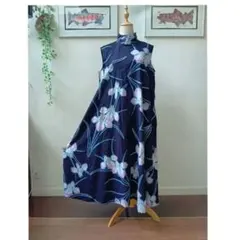 浴衣リメイクワンピース⑨/L〜LL/スタンドカラー/ノースリーブ/テントライン